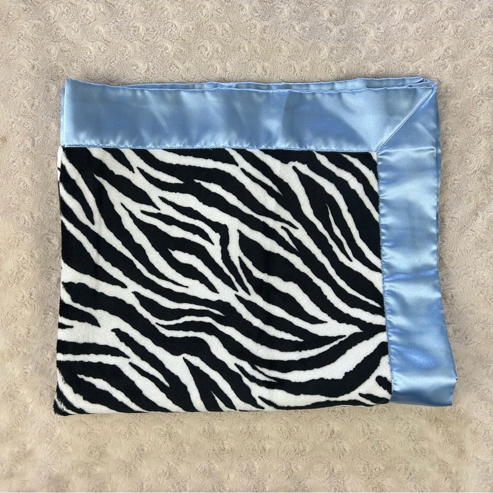 Swankie Blankie Zebra Baby Security Blanket Lovey Black White Blue Silky Satin